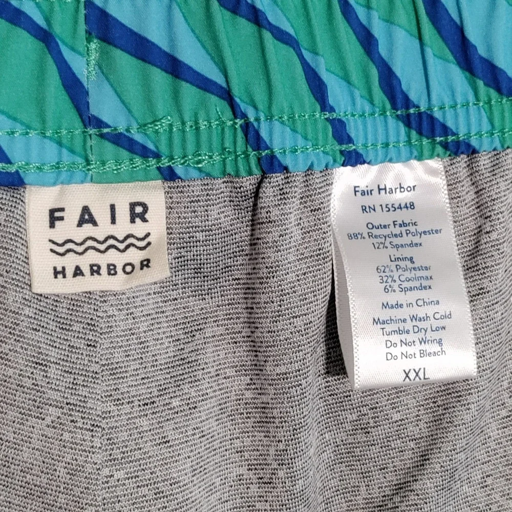 Fair Harbor Swim Trunks Mens XXL Geometric‎ Drawstring Lined Blue/Green
